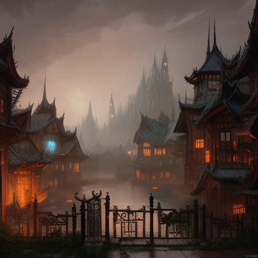Fantasy Asian-Gothic Village Concept Art