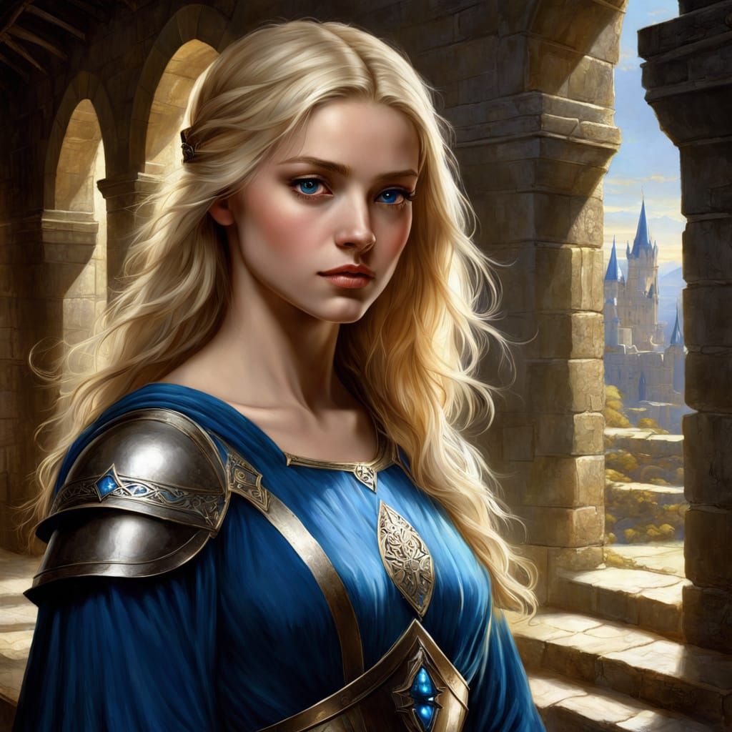 Radiant Paladin Girl in Castle, Chiaroscuro Style