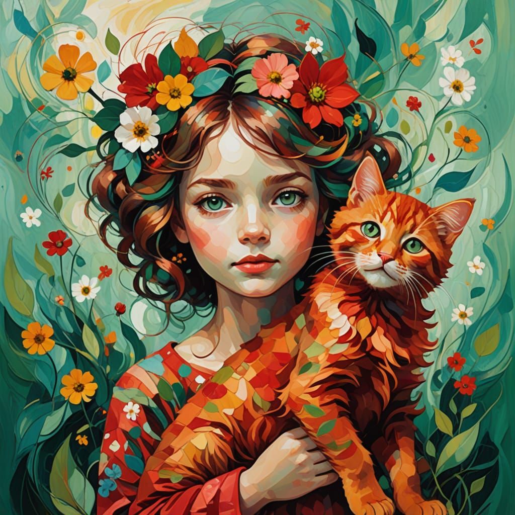 Girl with Whimsical Red Kitten and Flowers in Her Hair, in V...