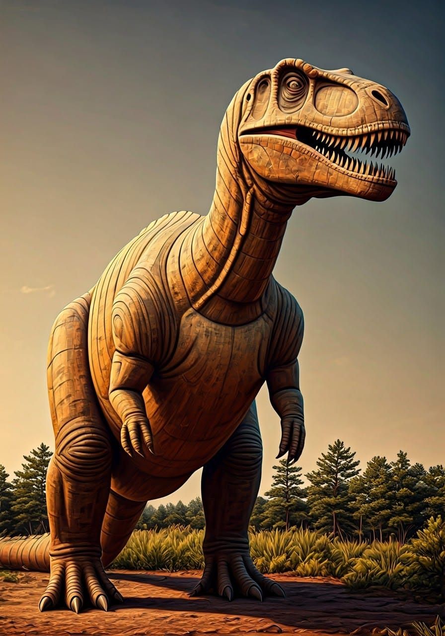 Wooden Dinosaur Sculpture in Naive Art Style