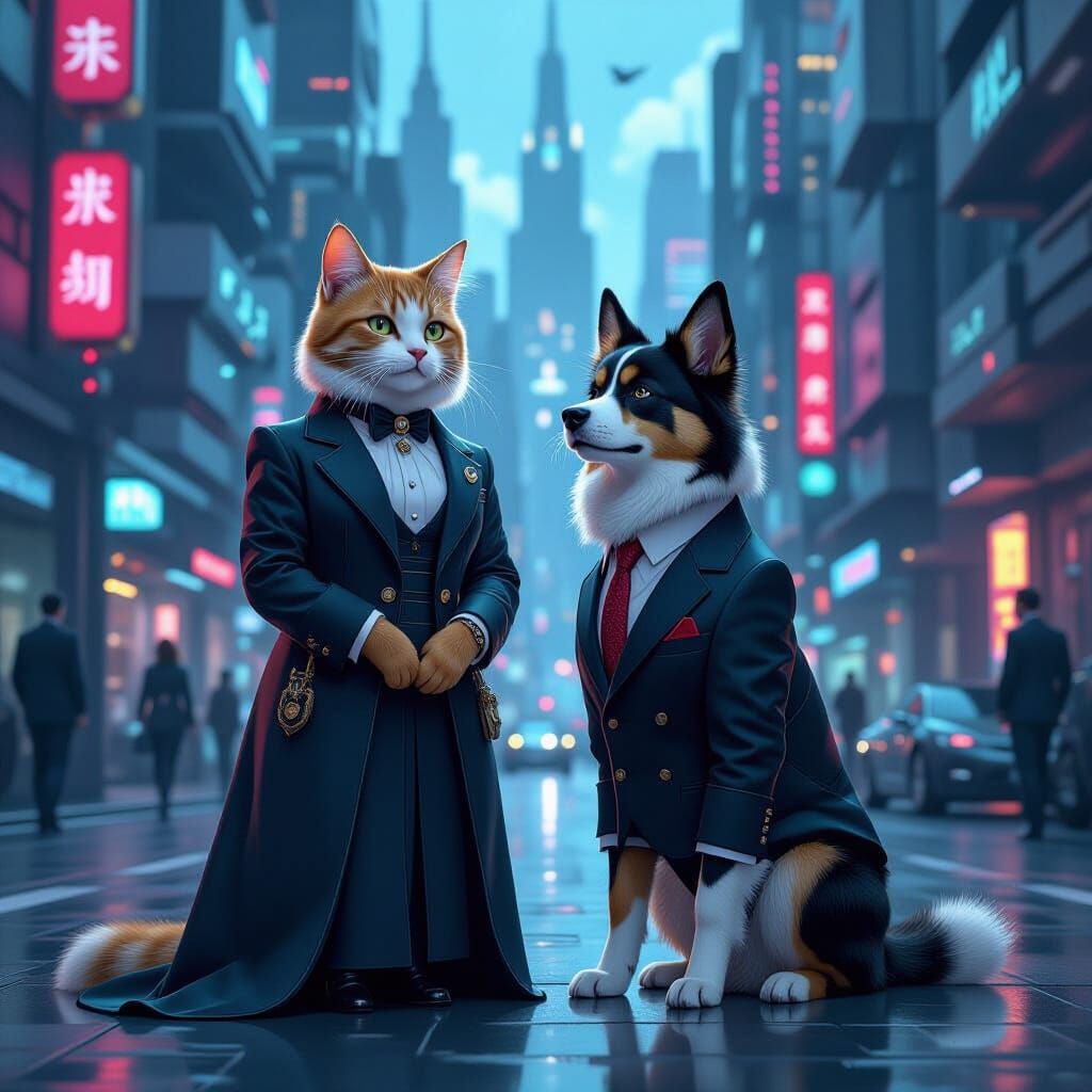 Futuristic Feline-Canine Metropolis in Cyberpunk Art Deco