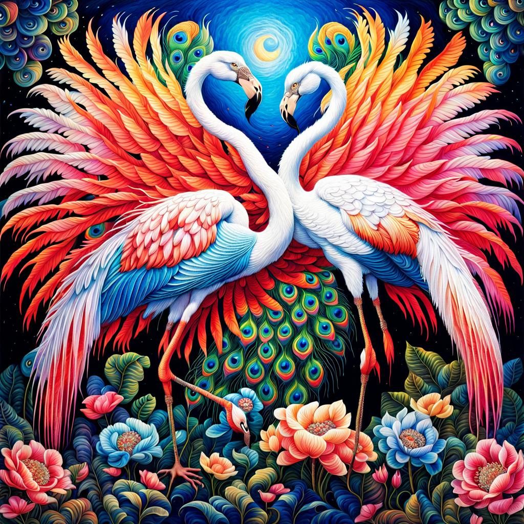 Elaborate Embroidery of Flamingo and Peacock