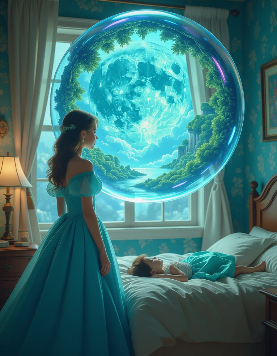 Dream Caster Woman Watching Child Sleep in Fantastical Bedro...