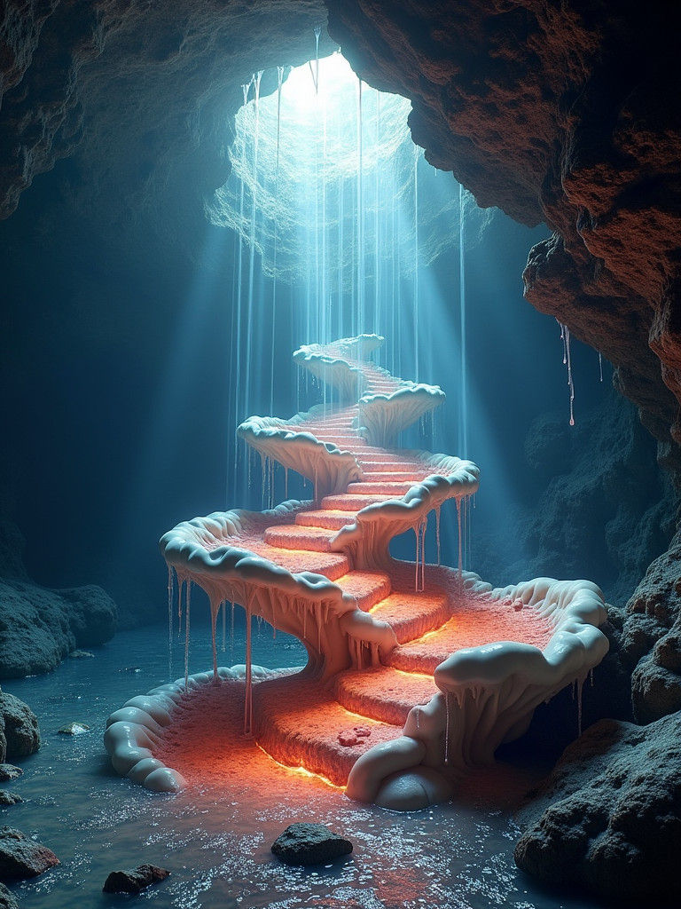 Surreal Molten Glass Waterfall in Underground Cavern