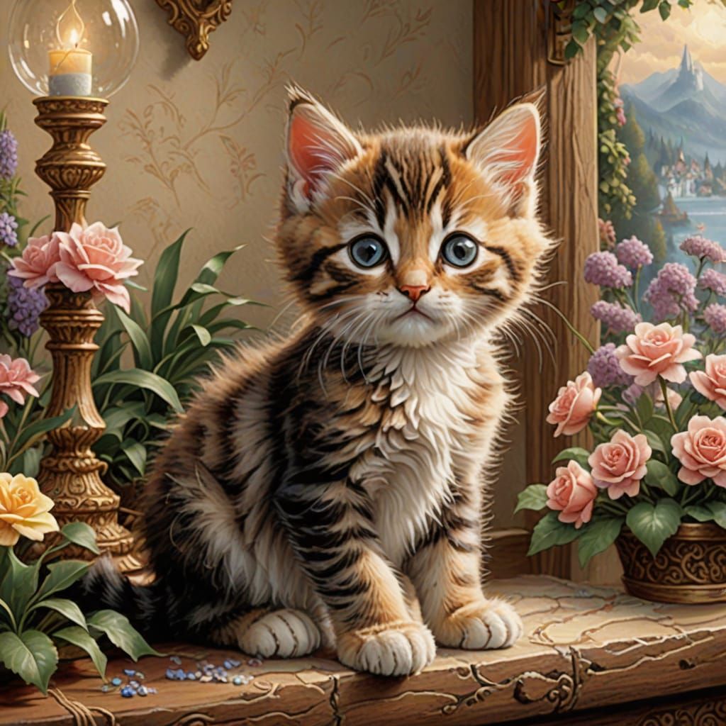 Whimsical Kitten Scene in Intricate Watercolor Style