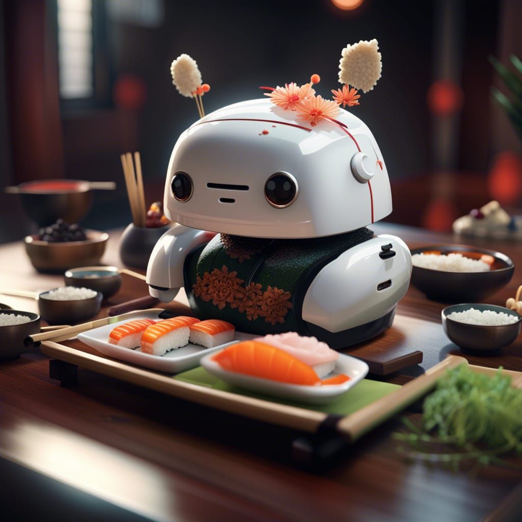 Cute Sushi Robot Serving in Restaurant: Detailed Matte Paint...
