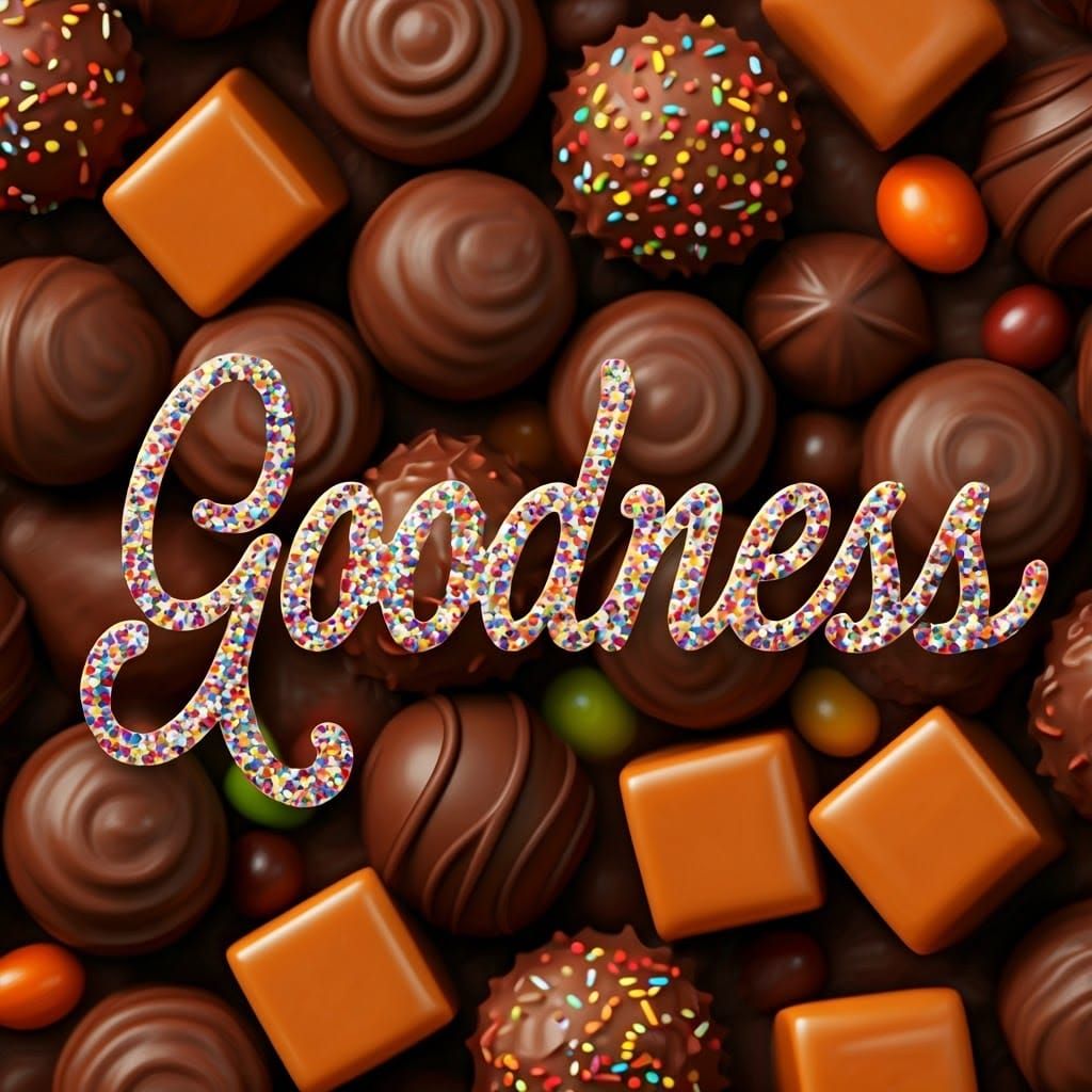 Glittering 3D "Goodness" on Chocolate Candy Background