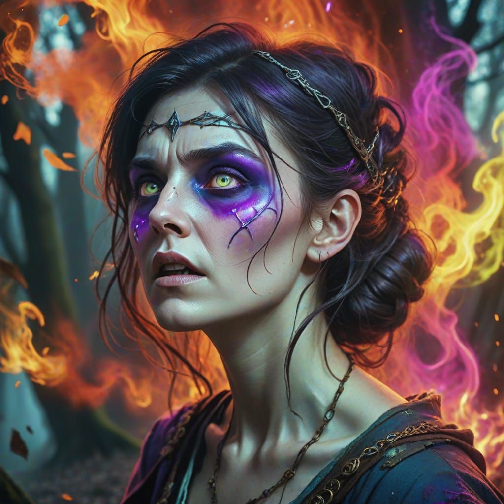 Medieval Sorceress Enveloped in Magical Chaos