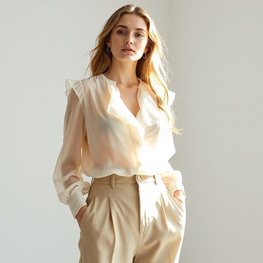 Woman in Sheer Blouse and Beige Trousers in Soft Light
