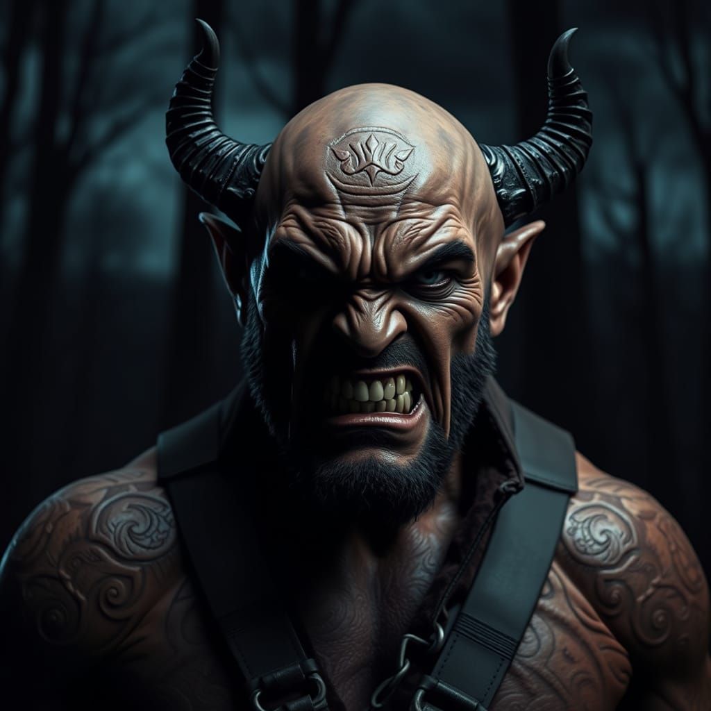 Menacing Orc Demon in Dark Fantasy Forest