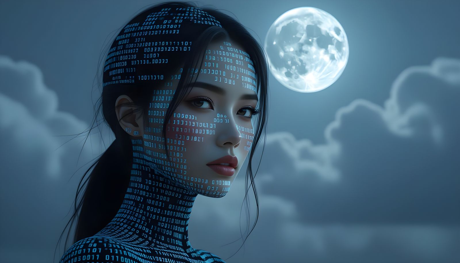 Hyperrealistic Digital Woman Composed of Code Under Full Moo...