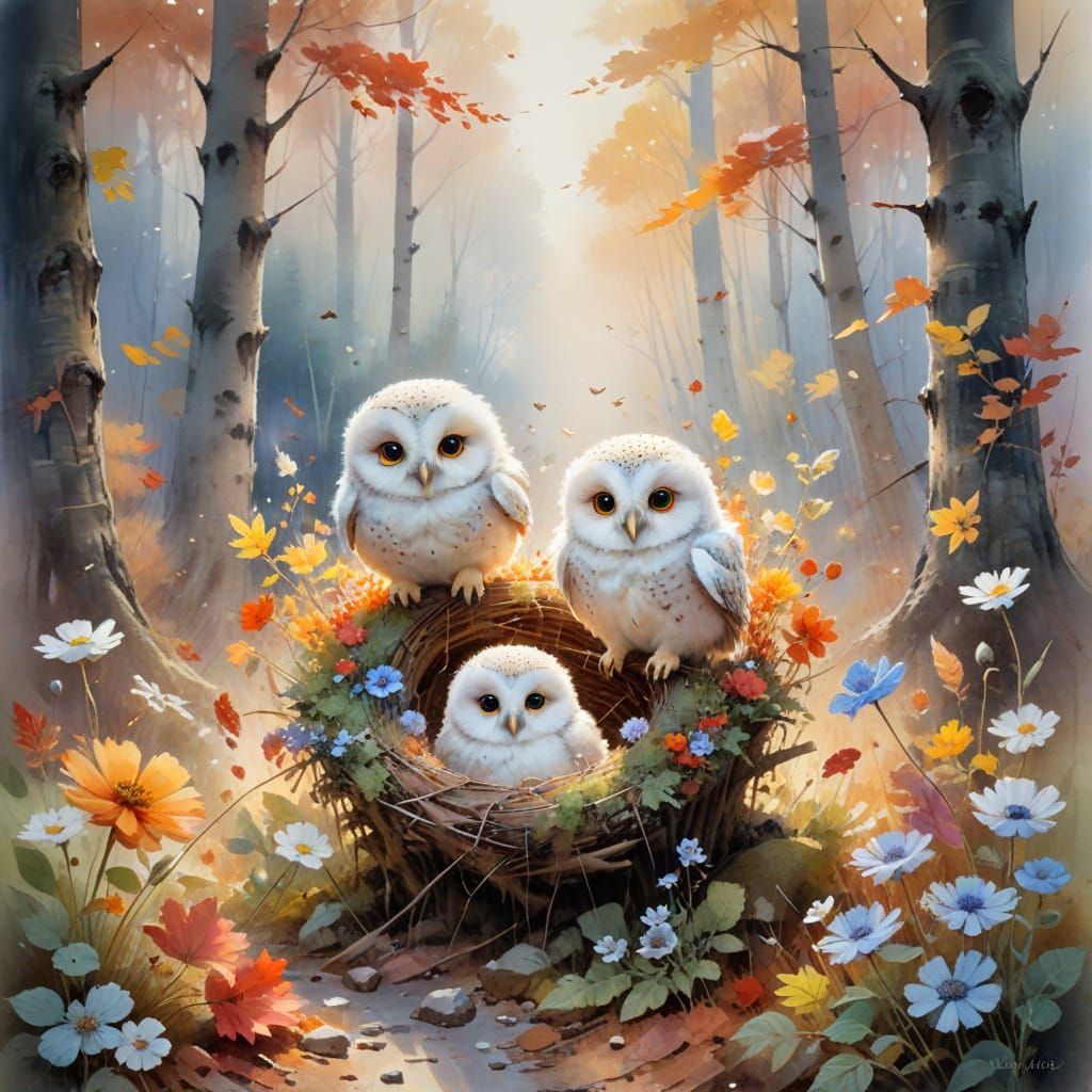Watercolor Owlets Nest in Autumn Wildflower Landscape