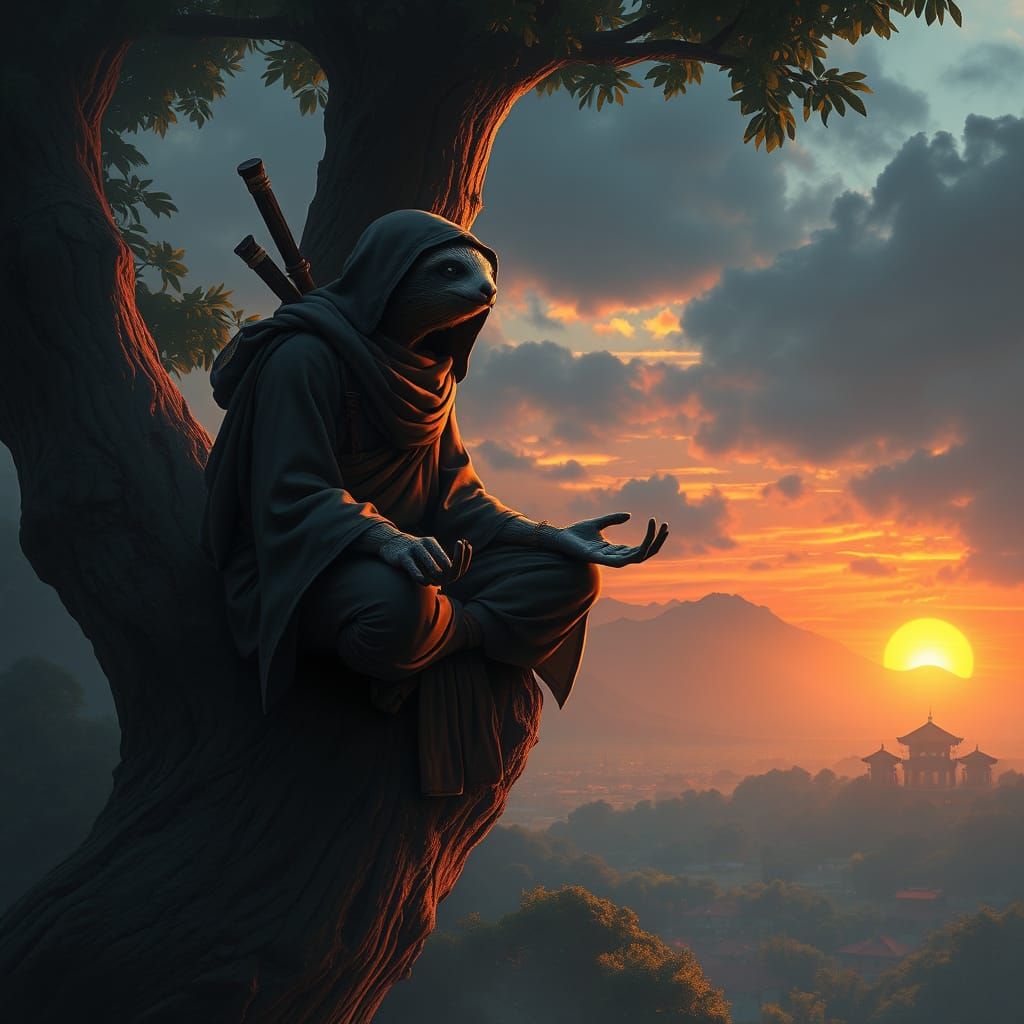 Sloth Ninja Meditating in Mystical Sunset