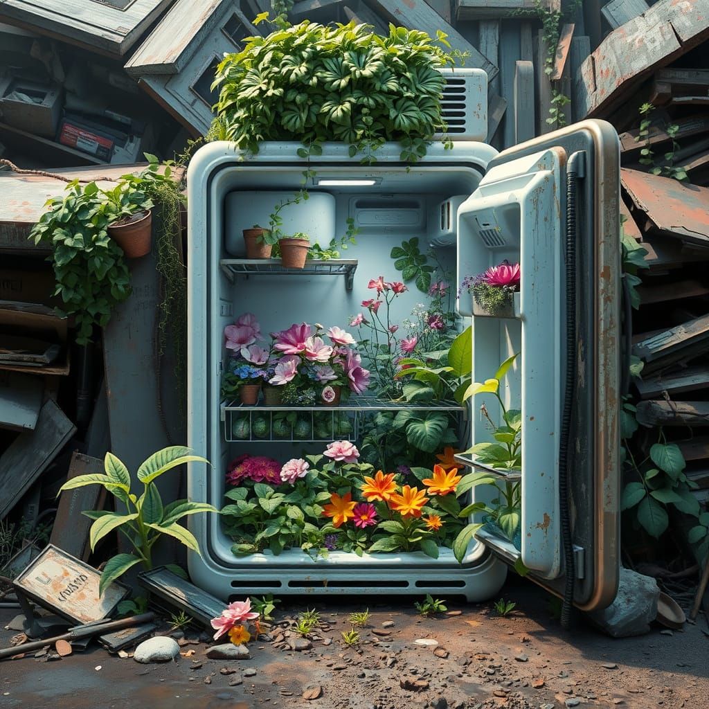 Lush Garden Thrives Inside Discarded Refrigerator
