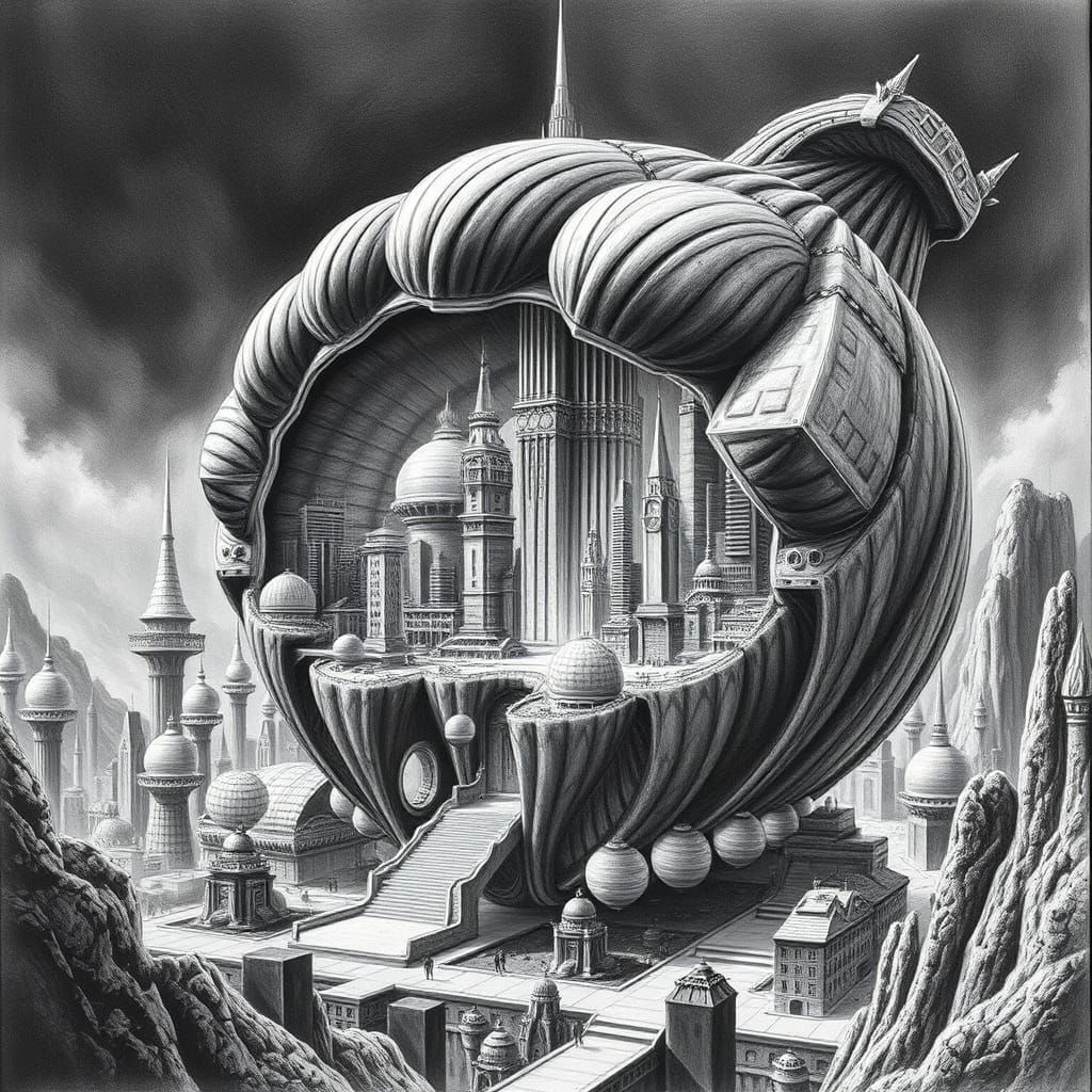 Hyper Detailed City Inside Giant Acorn Shell