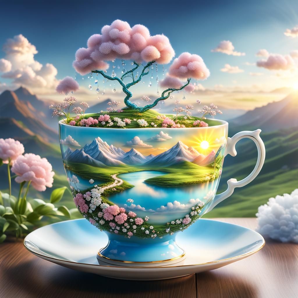 Glowing Spring Cloud Teacup in Summer Landscape