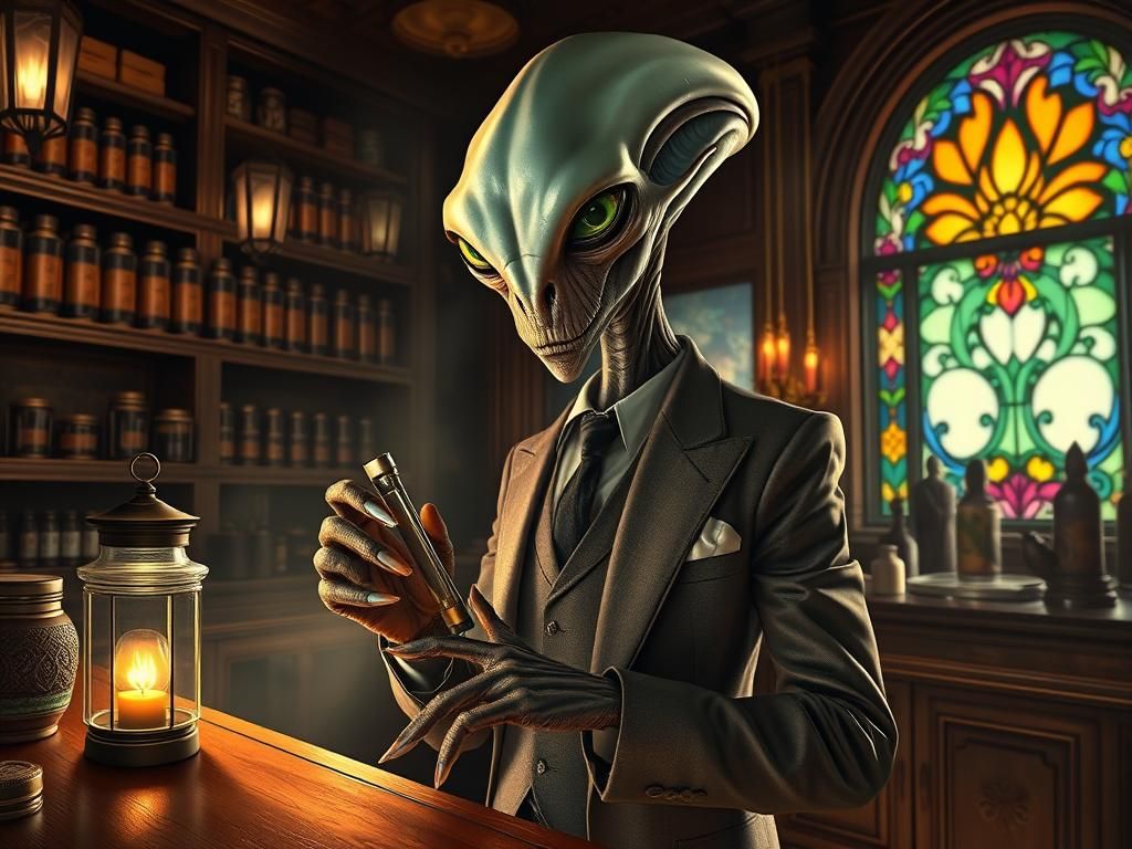 Alien Tobacconist in 1920s Shop, Hyperrealistic Art
