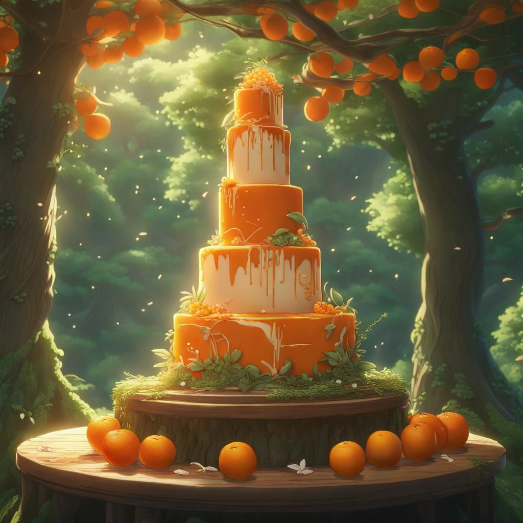 Orange Forest Wedding Cake in Anime Style