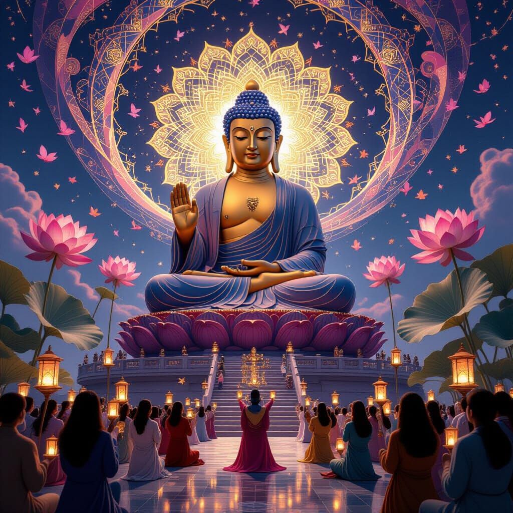 Buddha statue with mandalas in 3D render