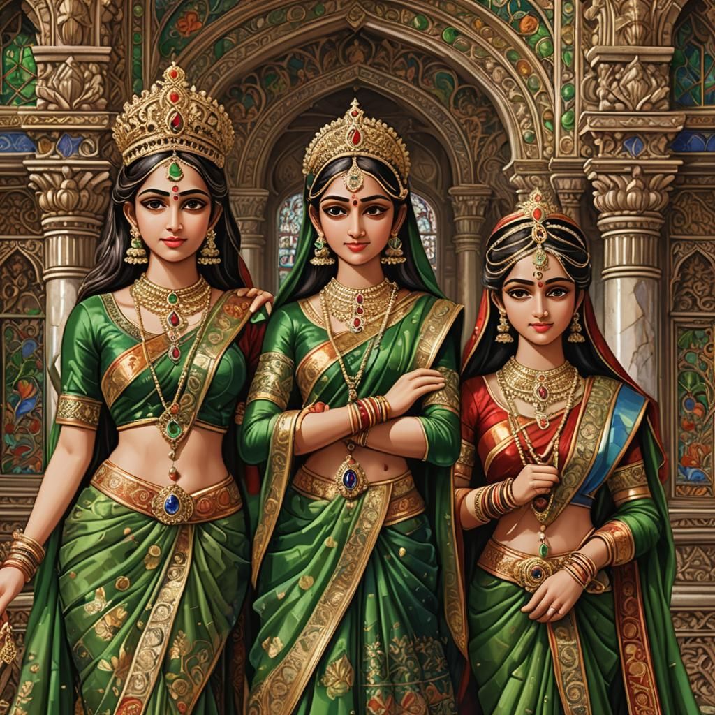 Hindu Princesses Bowing Before King: 3D Render