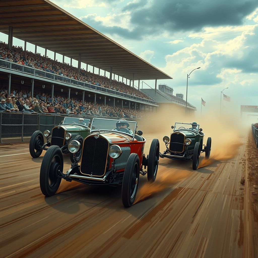 Vintage Cars Racing on Dusty Track as Digital Matte Painting