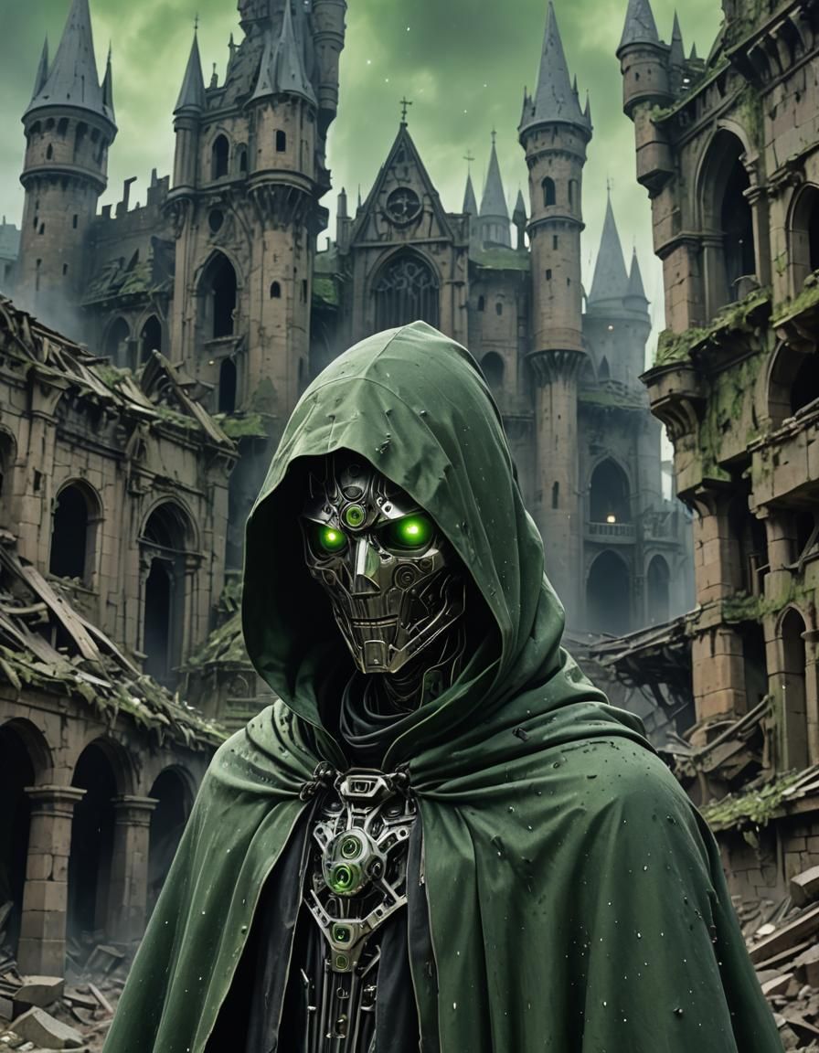 Green-Cloaked Robot Guarding Ruined Castle