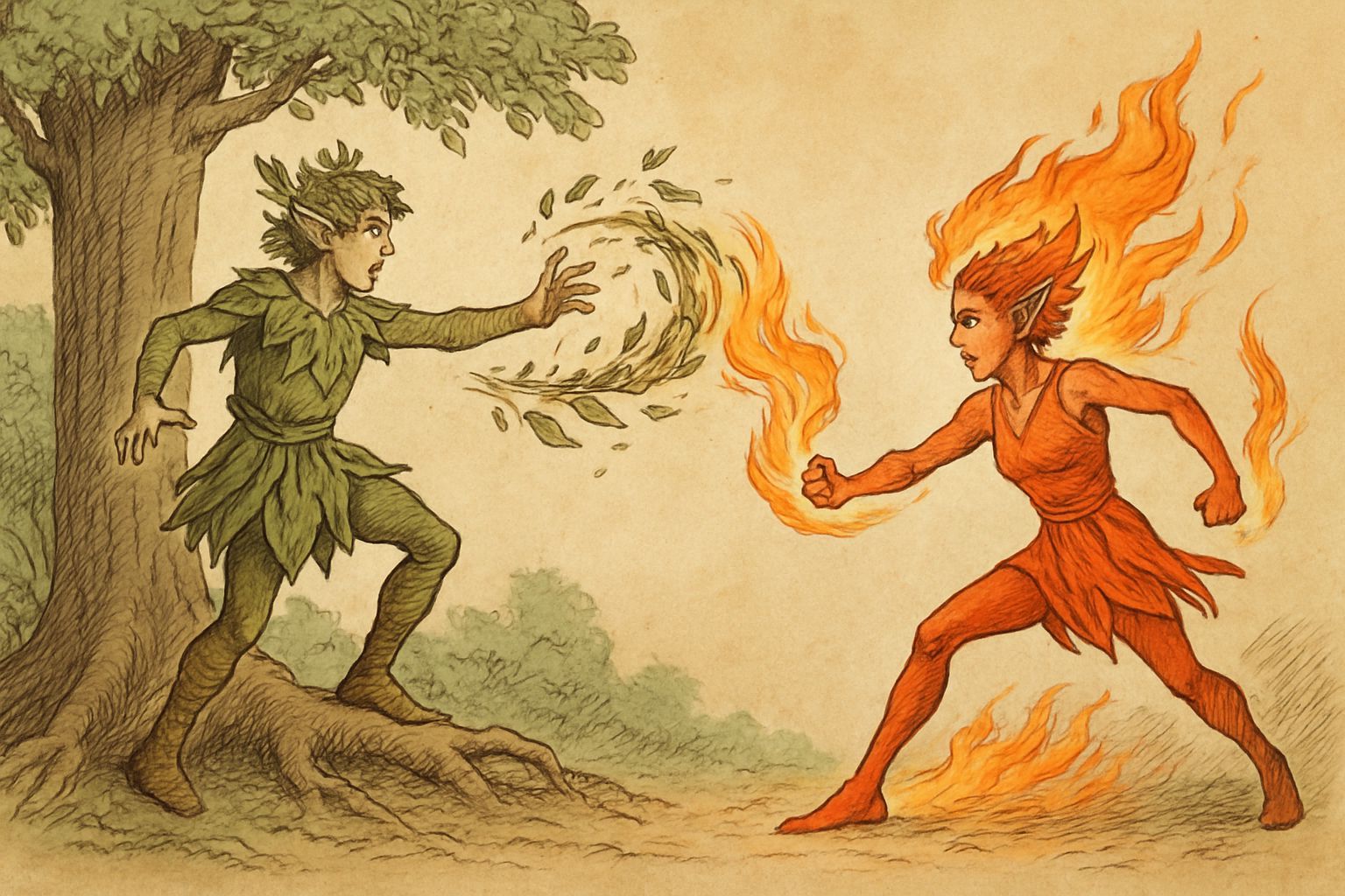 Tree Elf Versus Fire Elf Battle Illustration