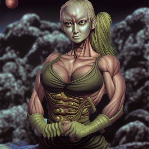 Fire Goddess Warrior in Horror Space Oil Painting