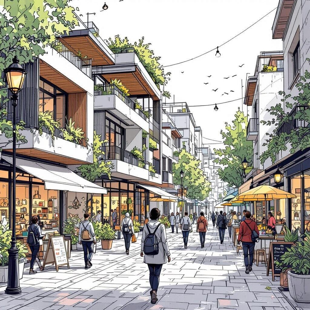 Urban Street Scene in Architectural Line Drawing