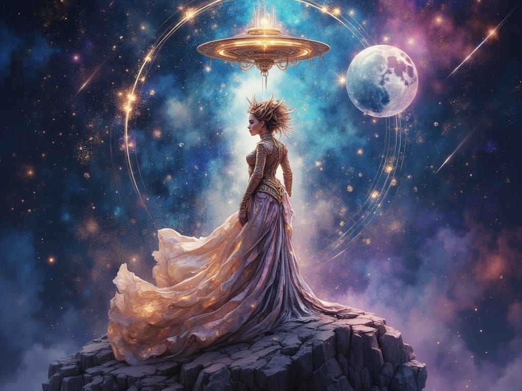 Alien Woman in Space with Spaceship