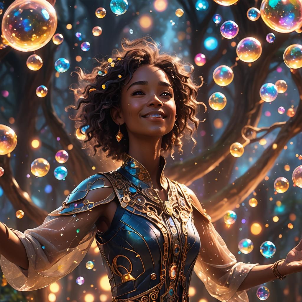 Joyful Adult Surrounded by Thought Bubbles: Fantasy Art