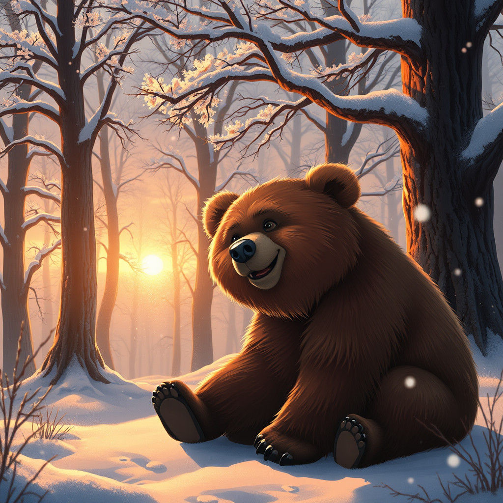 Brown Bear Cub in Winter Forest, Fantasy Art