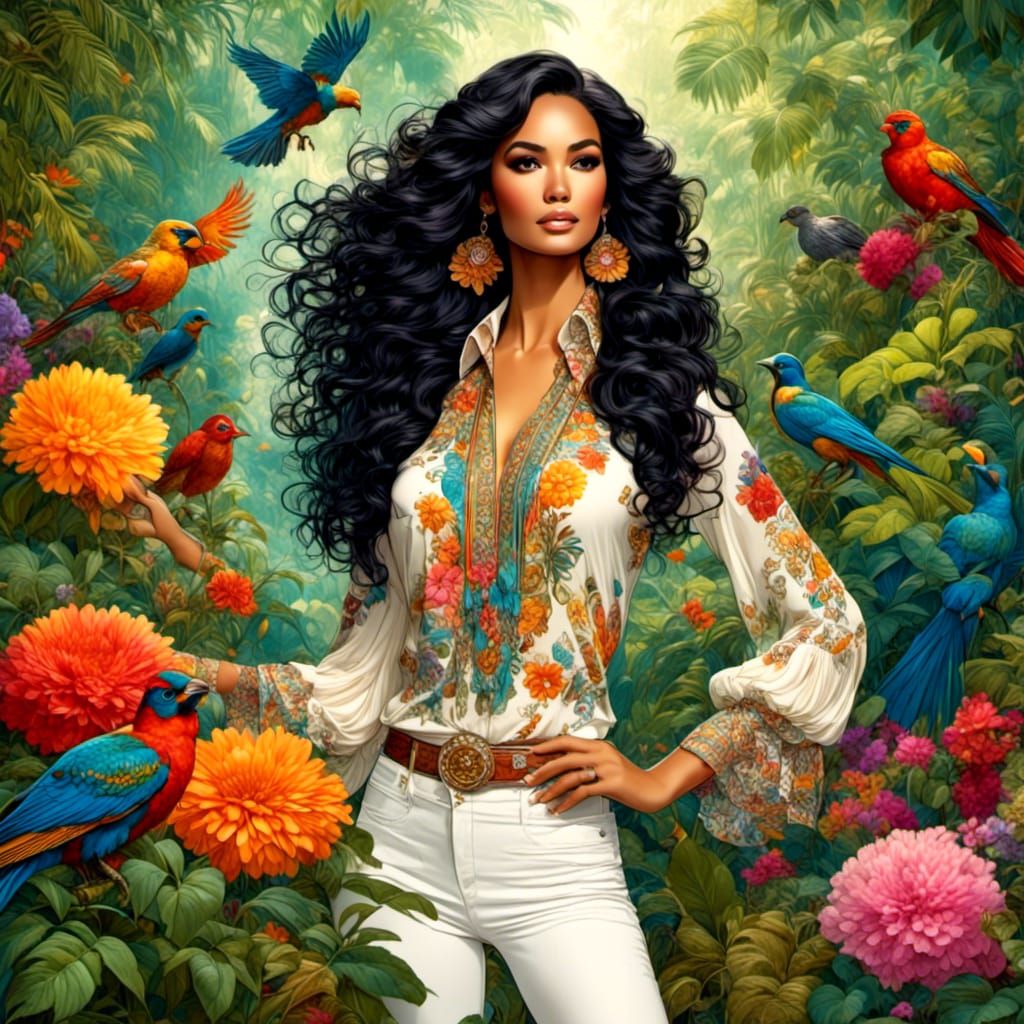 Tropical Jungle Illustration with Woman and Birds