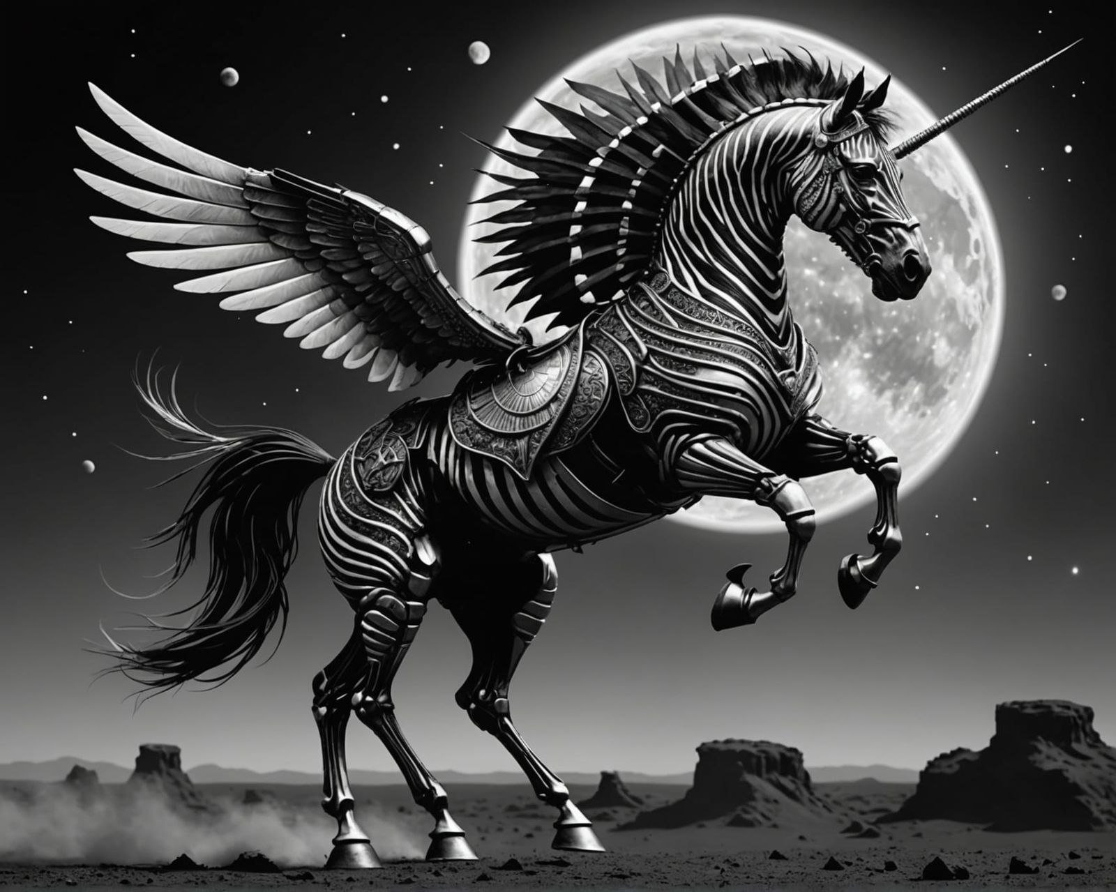 Flying Armored Zebra with Wings in Liquid Steel
