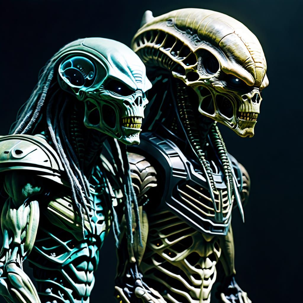 Skeletal Aliens and Predators in a Futuristic Landscape