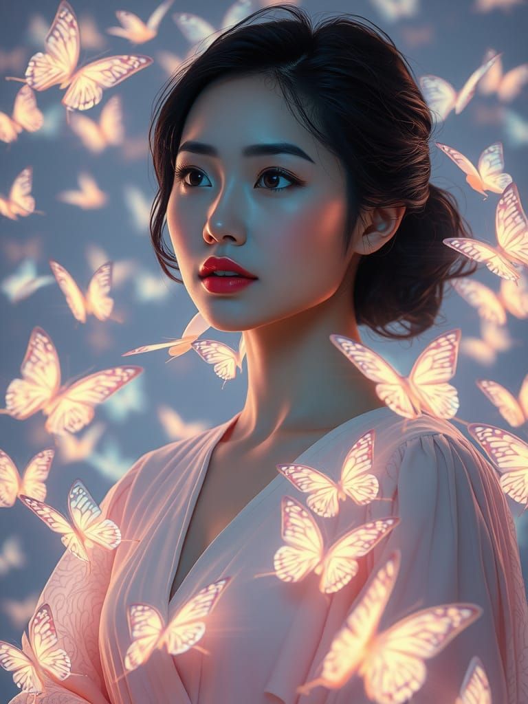 Ethereal Asian Goddess Surrounded by Glowing Butterflies in ...