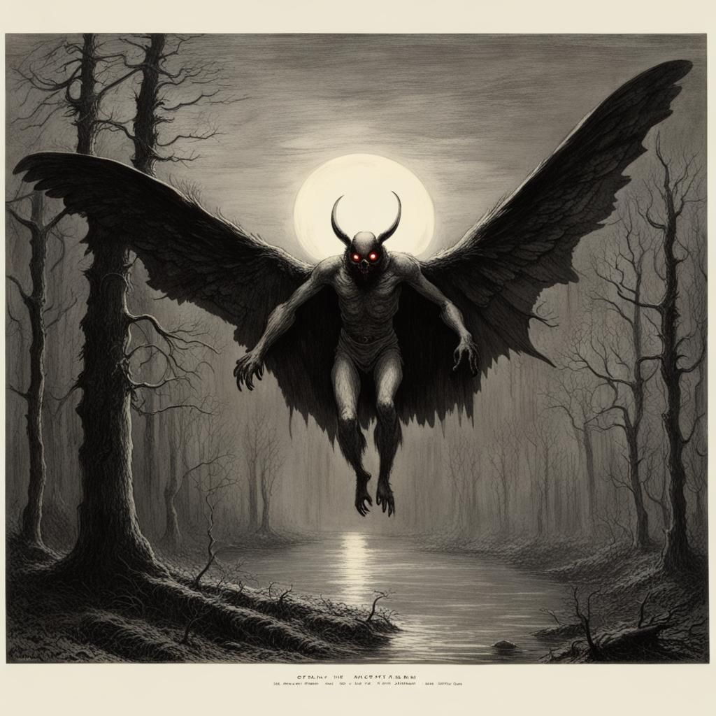Eerie Mothman Illustration in Gothic Horror Style