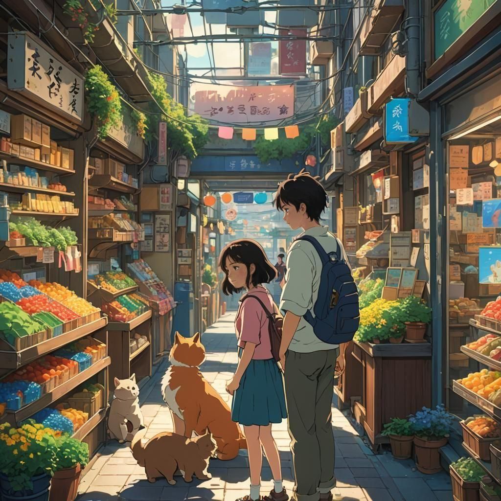 Anime Couple in Mall, Ghibli Style