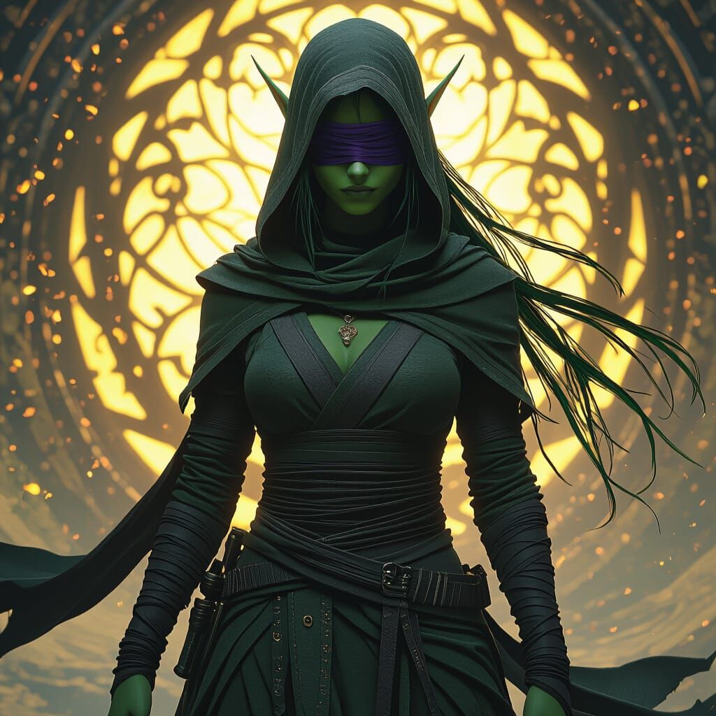 Green Elf Monk Blindfolded in Dark Fantasy Robes