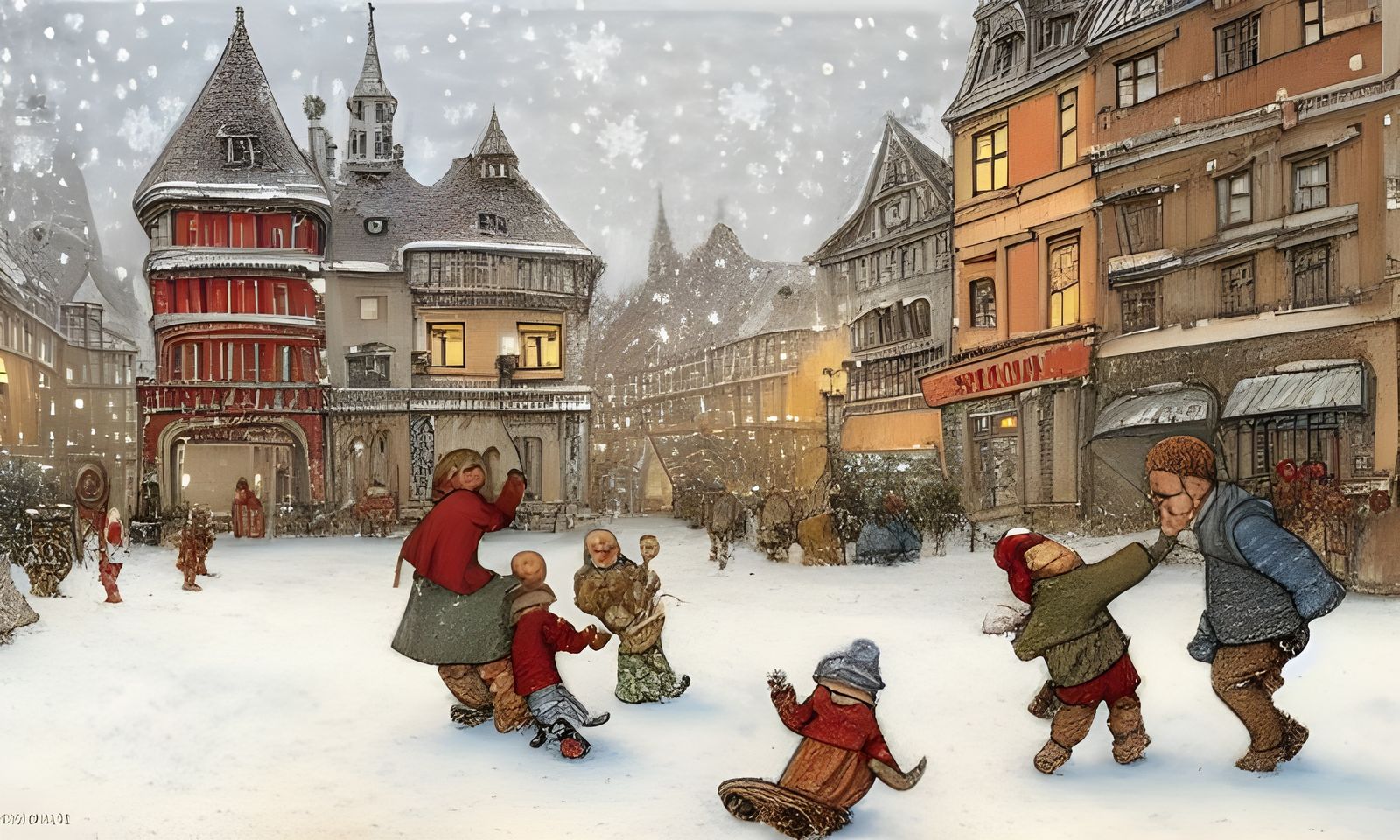 Children Playing in Snowy Christmas Town Square