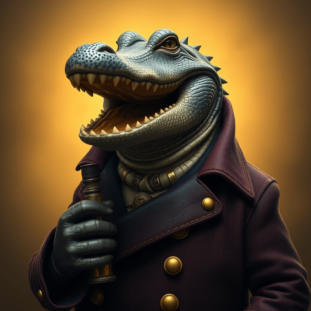 Gator in a captain’s coat with a spyglass