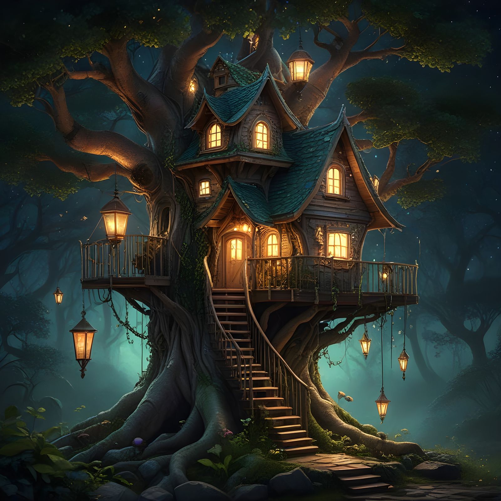 A whimsical tree house nestled within a gnarled ancient tree