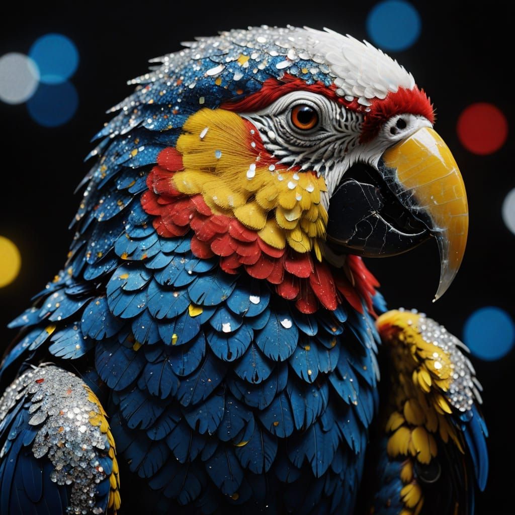 Vibrant Parrot in a Glittering Dark Landscape