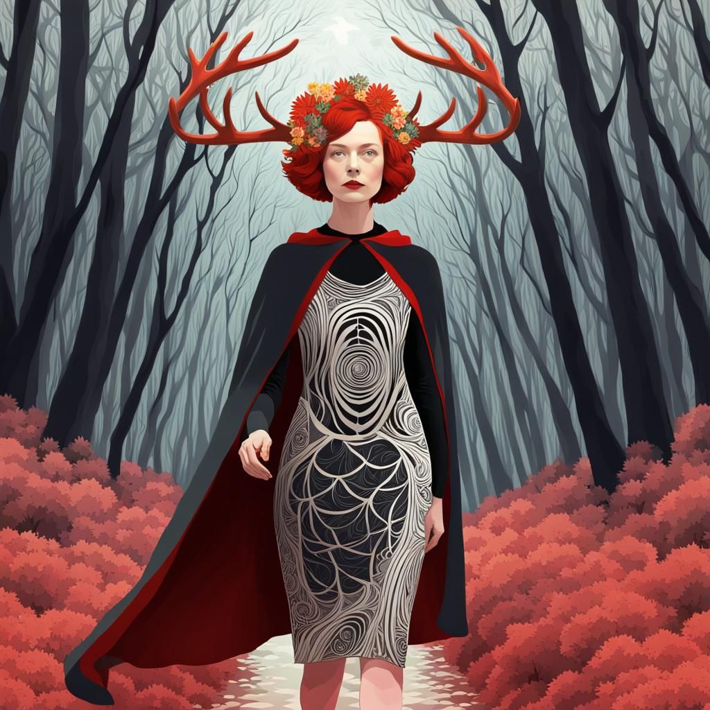 Woman with Antlers and Crow on Forest Path