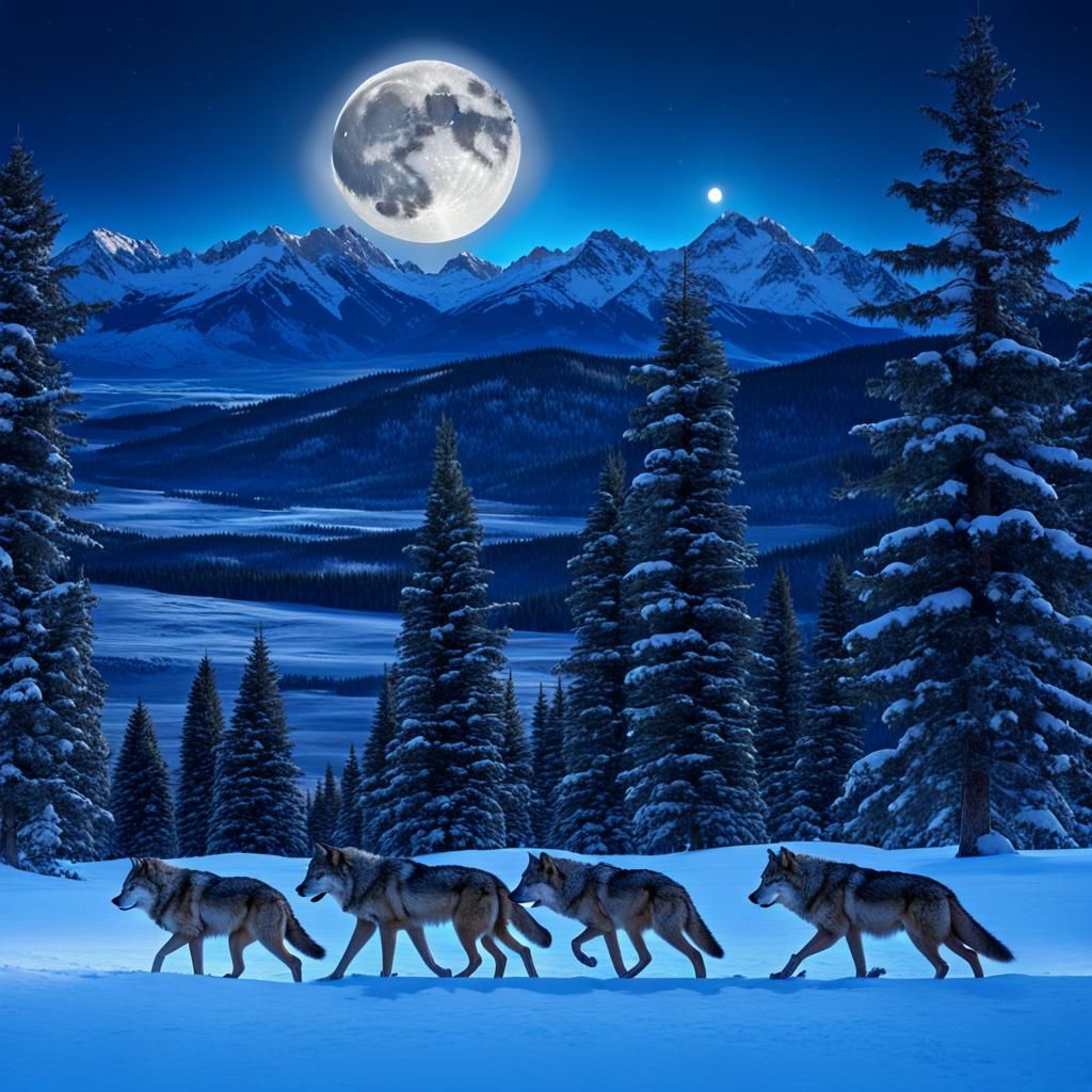 Wolf Pack Hunt Under Full Moon