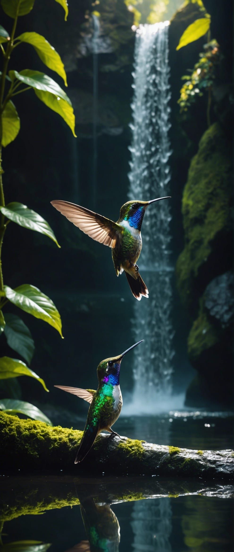 Wonderful hummingbird is sitting near a waterfall, in the st...