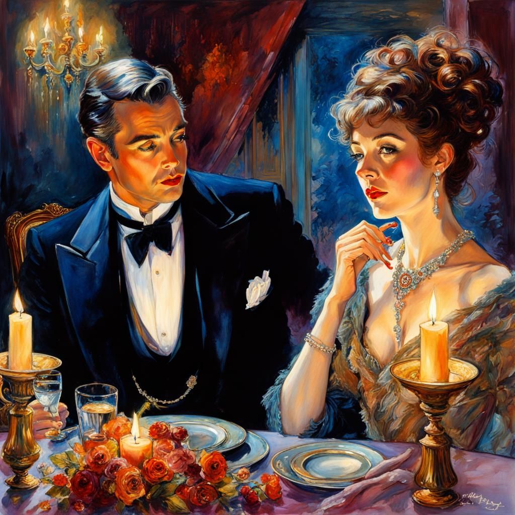 Elegant Couple's Candlelit Dinner in Film Noir Style