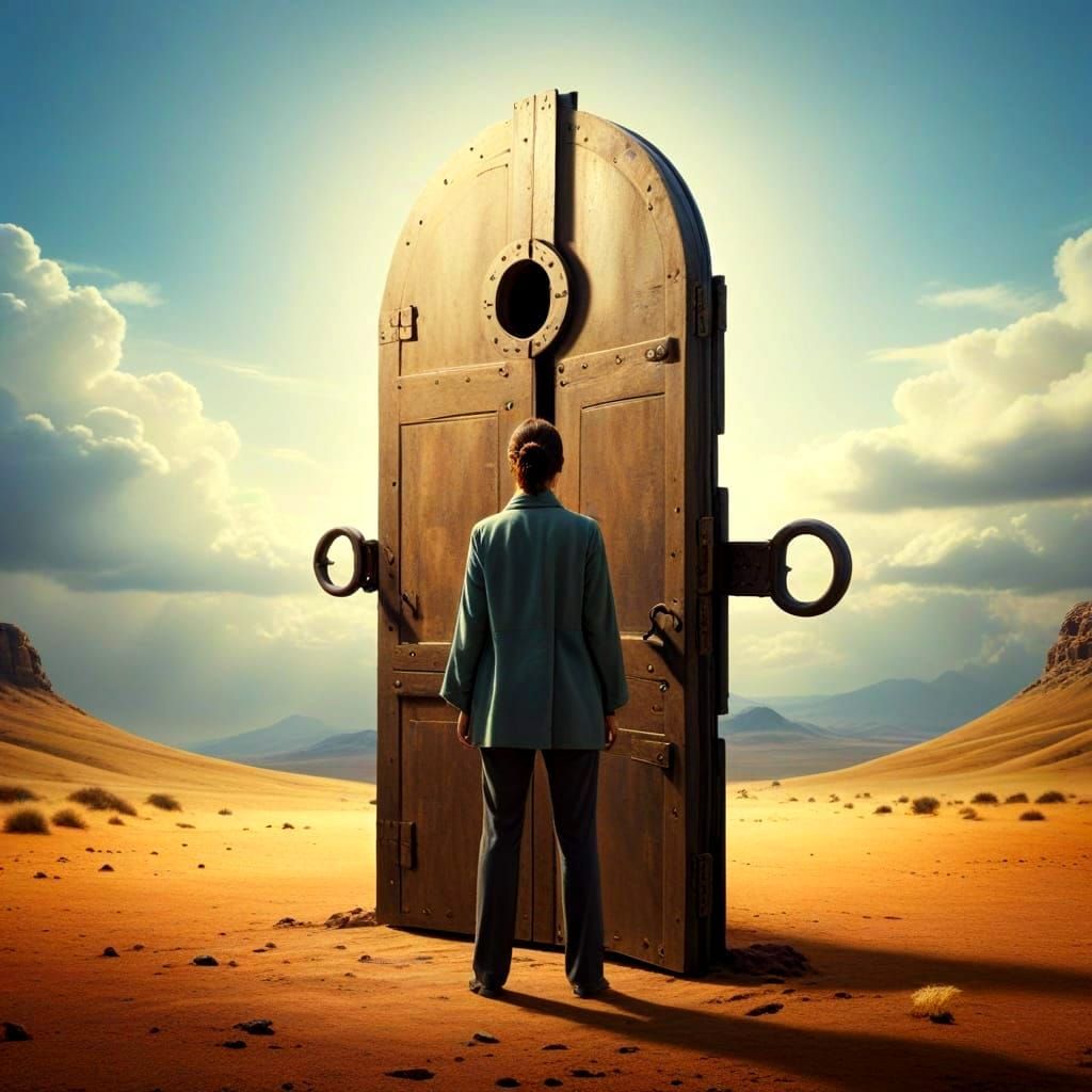 Mysterious Woman Faces Isolated Door on Desert Plateau