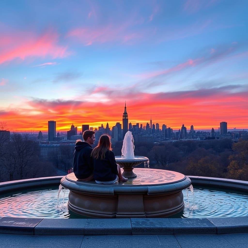 Couple at Bethesda Fountain with Sunset View