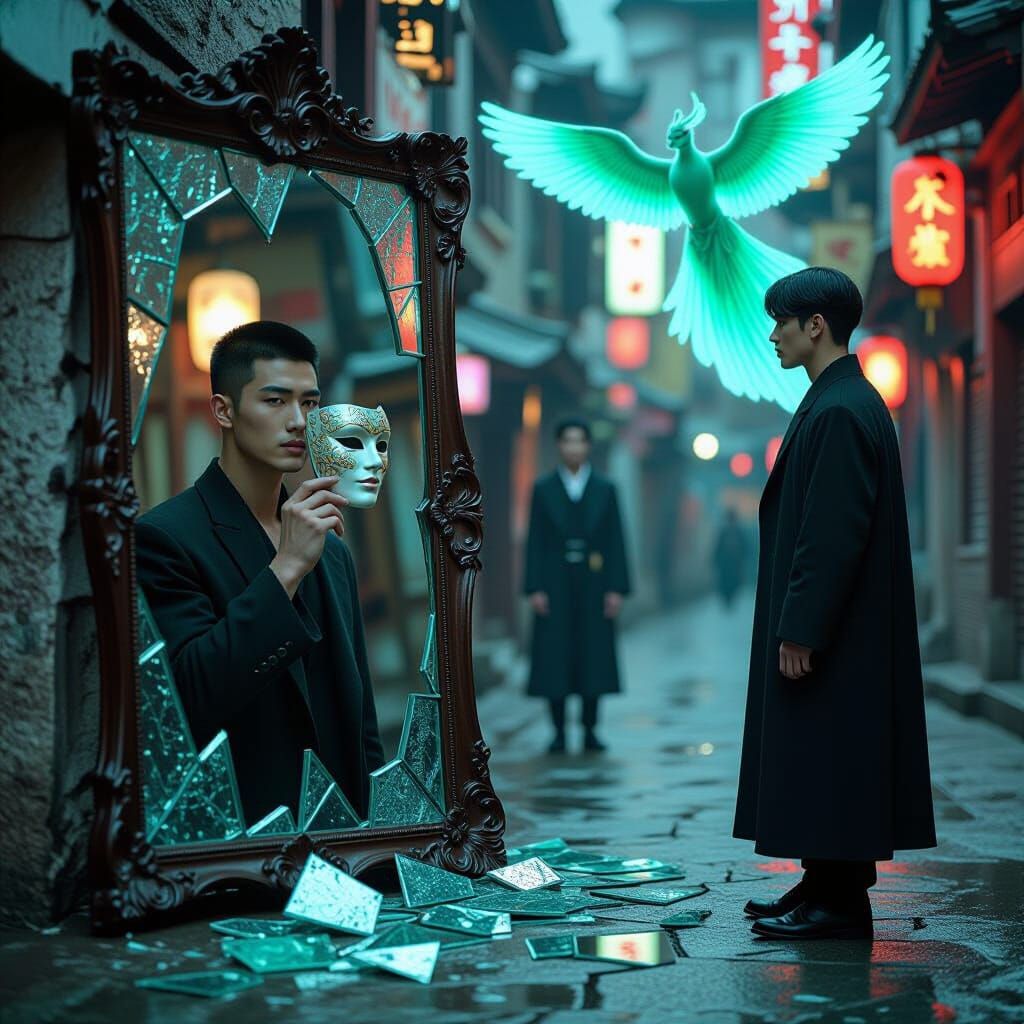 Pre-Raphaelite Film Still: Korean Men with Venetian Mask